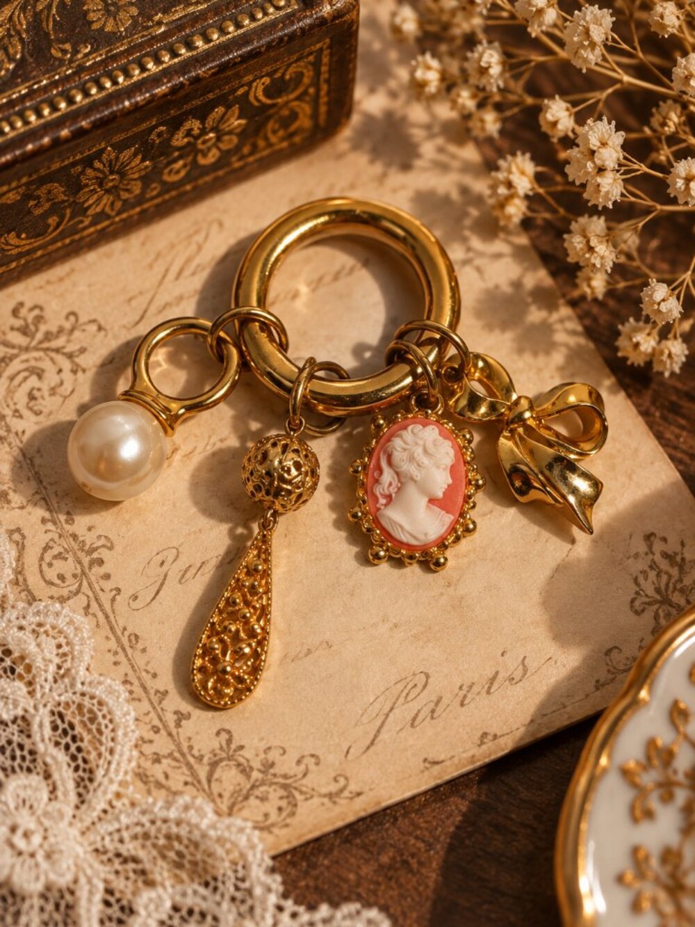 Gold-Tone Cameo Faux Pearl Bow Charm Keychain Bag Charm
